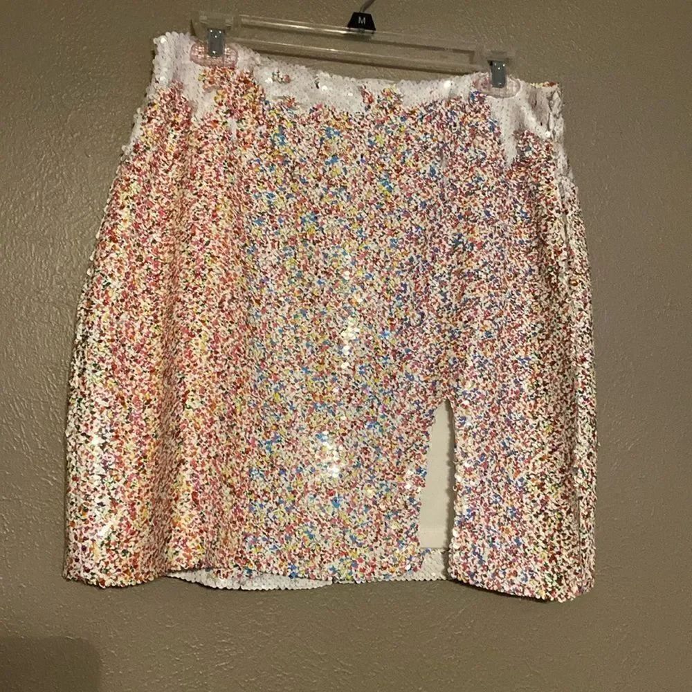Endless rose white rainbow sequin side slit mini skirt size Large